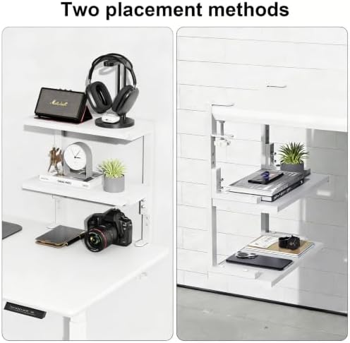 Spacrea Clamp on Desk Shelf, 2 Tier Office Desk Shelves Organizer, Wood Desktop Supplies Storage Rack, Desk Organizers and Accessories (White)