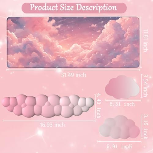 Pink Cloud Large Mouse Pad for Desk Cloud Keyboard Wrist Rest 4PCS Extended Cloud Desk Mat Pad Set Memory Foam Non-Slip Ergonomic Cute Gaming Mouse Pad Wrist Support for Computer Laptop Home Office