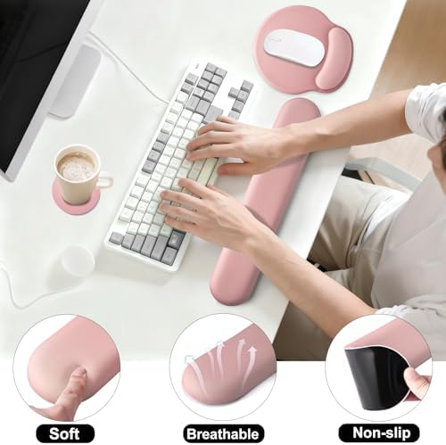 Keyboard Wrist Rest Mouse Pad with Wrist Support, Gaming Mousepad with Non-Slip Base, Ergonomic Mouse Wrist Arm Cushion Support for Home Office Laptop Computer, Easy Typing for Pain Relief, Pink