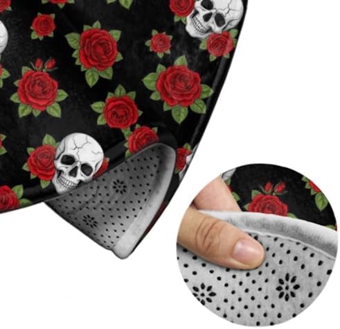 Large Home Decor Mat, Soft Round Yoga Carpet, Non Slip Machine Washable Kitchen Office Circle Rug Halloween Skulls Red Rose, 24inch