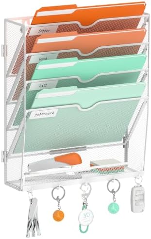 Wall File Holder Hanging Wall File Organizer, Wall Mount Mail Holder and Paper Organizer with Bottom Shelf & 5 Hooks for Office Home School (5-Tier White)