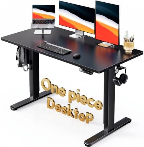 HUANUO Electric Standing Desk, Whole Piece Desktop, Adjustable Height Computer Desk, 4 Height Memory Settings, Sit Stand Up Desk for Home Office, 48" x 24", Black