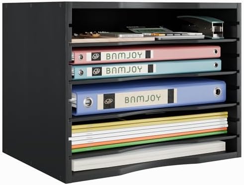 Bamjoy Wood 5 Tier Desktop Organizer, Paper Organizer Mail Sorter, File Holder Letter Document Storage with Adjustable Shelves for School Home Office, Black