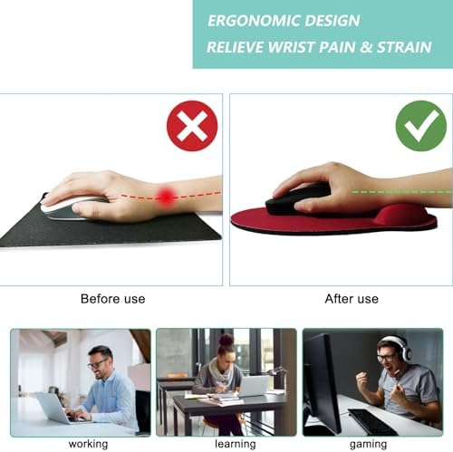 Mouse Pad with Wrist Support, Ergonomic Mouse Pad with Memory Foam Wrist Rest Cushion, Non-Slip Rubber Base Gaming Mice Pad for Home Office Computer Laptop, Red
