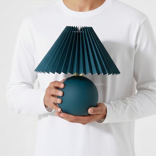 Brightech Serena LED Table Lamp - Small 10" Modern Ceramic Lamp with Pleated Shade for Bedside, Nightstand, Desk - Mini Night Light with Cozy Soft White Light for Living Room, Bedroom - Teal