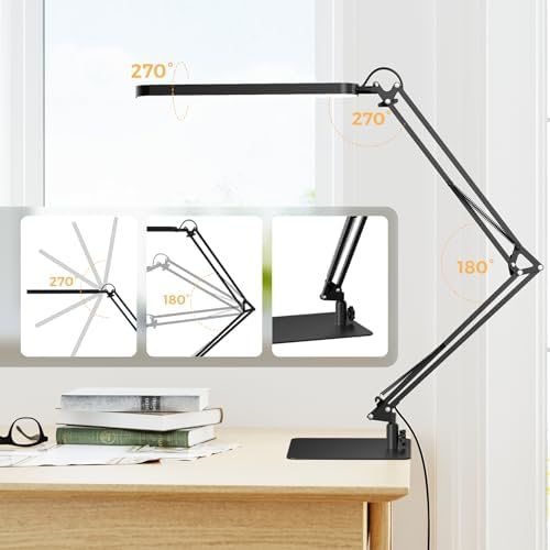 SKYLEO LED Desk Lamp with Slim Base - Adjustable Swing Arm Desk Light, Dimmable, Timer, Eye Protection, Memory Function, 1300LM, 12W, Black