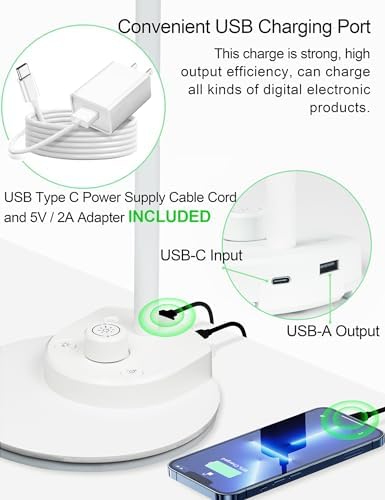 BOHON LED Desk Lamp with USB Charging Port, 3 Color Modes Dimmable, White