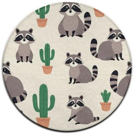 Large Machine Washable Circular Rugs, Home Decor Round Mat for Living Room Sofa Office Cactus Cute Cartoon Raccoons