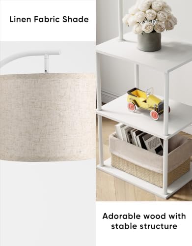 PARTPHONER Floor Lamp with Table, Night Stand with Lamp, Narrow Side Table with 3CCT LED Bulb, Small Coffee Table, Modern End Table with Storage Shelves for Living Room Bedroom Home Décor, White