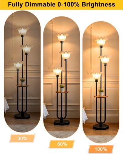 Flower Floor Lamp for Living Room, Mid Century Modern Floor Lamp Dimmable with Shelf & LED Bulbs, 3 Light Black Vintage Floral Standing Tall Lamp for Bedroom Sofa Beside Corner Decor