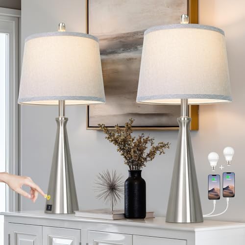 Rinweey 28" Silver Touch Table Lamps Set of 2 with USB A+C Ports, 3-Way Dimmable Bedroom Lamps for Night Stands, Tall Modern Living Room Lamps for End Tables (2 LED Bulbs Included)