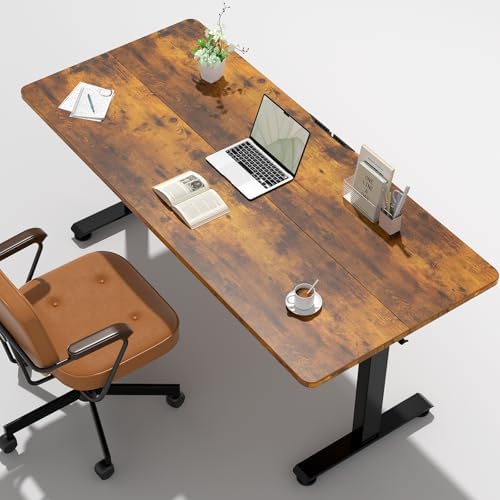 Veken 55 Inch Large Electric Standing Desk, Gaming Table, Brown | Height Adjustable Sit Stand Up Computer Tables for Home Office, Study , Writing, Suit students, employees and group work