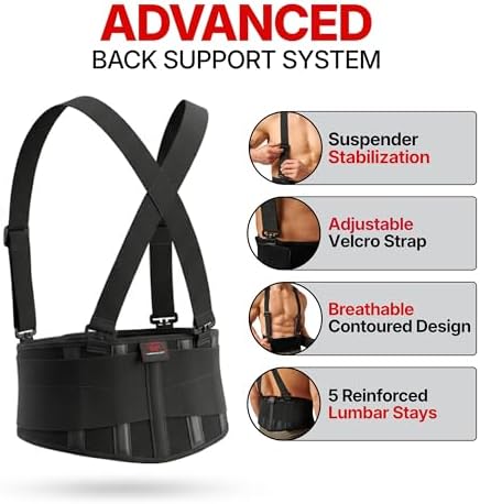 McDavid Back Brace with Suspenders, Adjustable Lumbar Support with Steel Stays for All-Day Lower Back Stability and Pain Relief Black