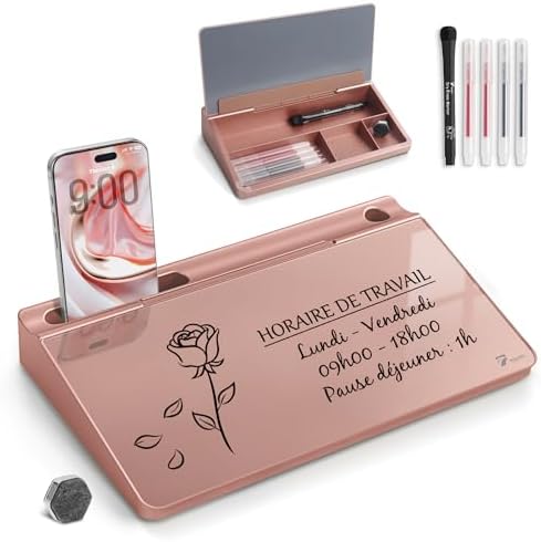 TOWON Compact Glass Desktop Whiteboard with Storage 12x7 in, Rose Gold