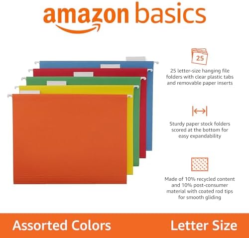Amazon Basics Hanging File Folders with Adjustable Tabs, Sturdy Expandable Document Organizer, Letter Size, Assorted Colors, 25-Pack