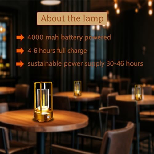 Rechargeable Table Lamp, 4000mAh Battery-Operated Cordless (Gold-2)