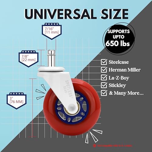 Upgraded Roller Blade Office Chair Wheels - 3 inch Ultra Smooth & Whisper Quiet Rolling Casters for Hardwood Floors & Carpet - Replacement Rubber Chair Casters - Heavy Duty - Set of 5