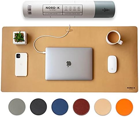 Nordik Leather Desk Mat -Champagne Beige- Large Leather Desk Pad 35x17 in