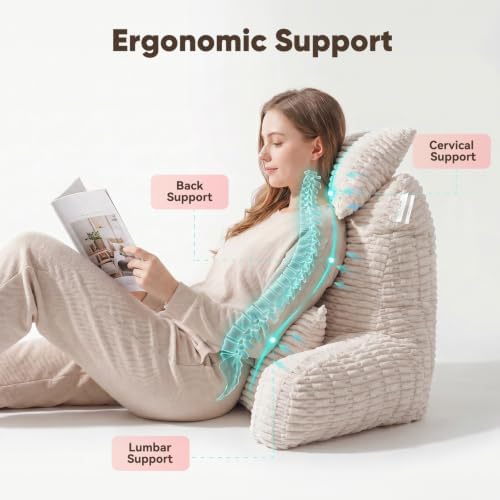 28" XXL Reading Pillow, Backrest Pillow with Detachable Neck Pillow