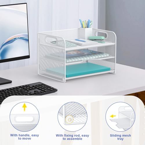 Samstar 3 Tier White Letter Tray Paper Organizer with Handle, Mesh Desk Organizer Paper Sorter File Rack Shelves, White