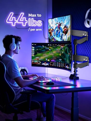 suptek Dual Monitor Arm Desk Mount for 17-49 Inch Ultrawide Monitors, Heavy Duty Dual Monitor Mount Holds 44 lbs, Full Motion Gas Spring Vertical Stacked Monitor Mount, 75/100 VESA Mount, Black