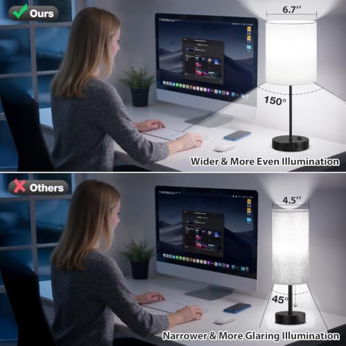 White Black Touch Lamps for Bedroom Set of 2, Dimmable, USB C+A, AC Outlet
