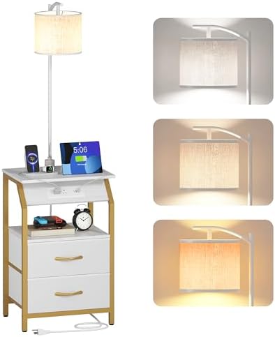 End Table with Floor Lamp, Nightstand with Charging Station, Floor Lamp Table with 3-Color Temperature Bulb, Bedside Table Night Stand with 2 Drawers for Bedroom, Living Room, Gold