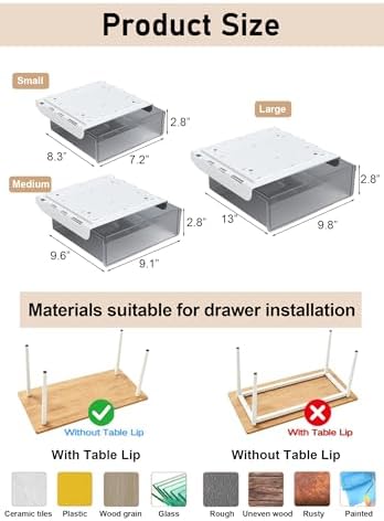 Under Desk Drawer Set of 3, Slide-Out Under Desk Storage Drawers (Large/Medium/Small), Thick Rigid PET Material, Suitable for Home Office, Desk, or Coffee Table