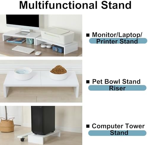 TEAMIX 2 Pack White Monitor Stand Riser 20 inch, Wooden Desktop Stand Shelf