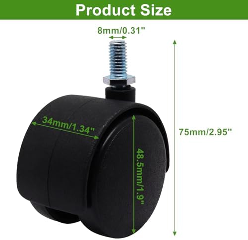 Plastic Caster Wheels 2 Inch, M8 Threaded Swivel Casters Set of 4, Black Nylon Replacement Casters Wheels for Furniture Table Cabinet Office Chair