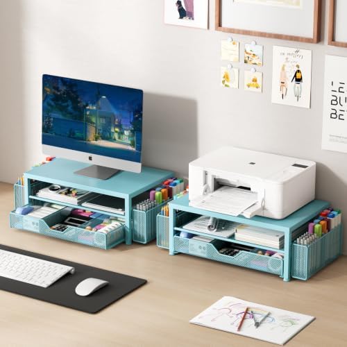 OPNICE Desk Organizers and Accessories, Computer Monitor Stand Riser with Drawer and 2 Pen Holders, Printer & Laptop Stand, Office Desk Accessories & Workspace Organizers for Home Office Supplies, Soft Blue