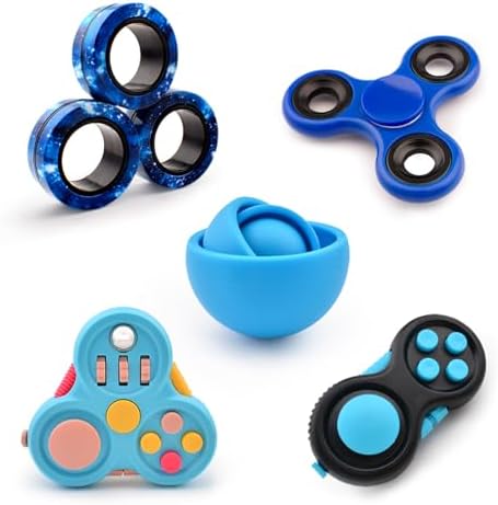 Yrissmiss Fidget Toys Adults Pack 5Pcs,Fidget Spinner with Magnetic Rings Gyro,Fidget Controller Autism Sensory Toys,ADHD Stress Anxiety Desk Fidgets,Easter Basket Stuffers for Kids Teen Boys(BU)