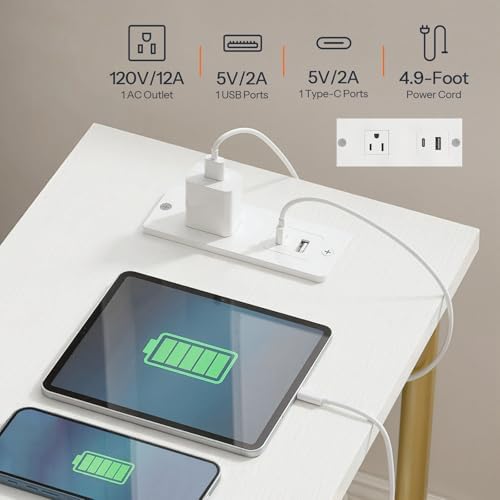 HOOBRO Side Table with Charging Station, End Table with USB Port and Outlet, Nightstand with 2-Layer Storage Shelves for Small Spaces, Living Room, Bedroom, Stable Frame, White and Gold DW09UBZ01