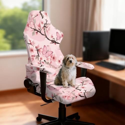 Pink Flower Gaming Chair Cover Stretchable Game Chair Slipcovers with 2 Armrest Covers, Scratch-Proof Gamer Desk Chair Covers for Computer Office Seat
