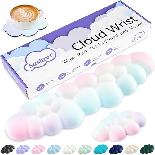 Sushret Cloud Wrist Rest Keyboard, Cloud Keyboard Wrist Pad Set with PU Leather Memory Foam, Cute Arm Rest for Palm Support, PC/Gaming Desk Accessories/Office Setup/Computer Hand Cushion - Rainbow