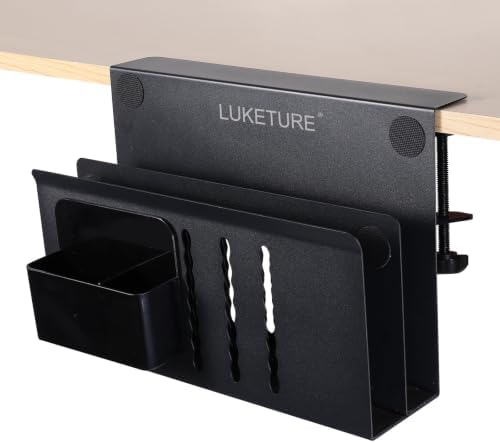 LUKETURE 2 Tier Desk Side Storage, No Drill Laptop Mount with Pen Holder