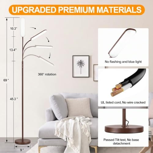 marctronic Vintage Brown Floor Lamp, 18W 1800LM Super Bright LED, Stepless Dimmable & Timer, Eye-Caring Reading Lamp for Living Room/Bedroom/Office