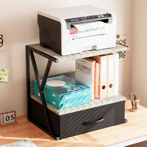 aboxoo Printer Stand for Desk with Storage Drawer, 2 Tier Desktop Or Under Desk Shelf, Multi-Purpose Desks Organizer for Home Office, fit Fax Machine/3D Printer/Scanner, Grey