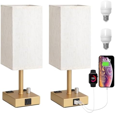 Gold Bedside Table Lamps Set of 2 - Dimmable, USB C+A, 2 AC Outlets