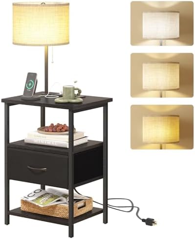 Fixwal Nightstand with LED Lights Bedside Table with 3 Color Temperatures Bulb, NightStand with Charging Station End Table with Adjustable Fabric Drawer for Bedroom Dorm, Black