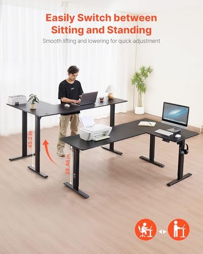 VEVOR L Shaped Standing Desk 71 x 47 inch, 3 Memory Height Adjustable, Electric Corner Standing Desk with Dual Motor, 2 Hooks & Cable Hole, Heavy Duty Carbon Steel Sit Stand Computer Workstation Table