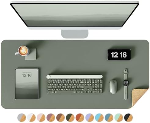 YSAGi Double-Sided Desk Pad, 31.5"x15.7"Leather Desk Mat, Eco Cork Desk Pad Protector,Large Mouse Pad,Waterproof Desk Blotter for Office/Home(Jungle Green)