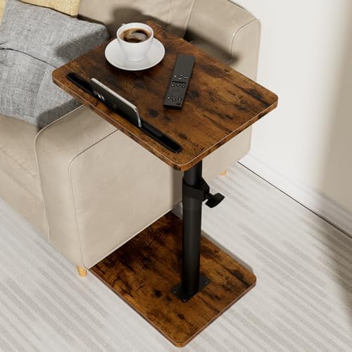 YUHFERA Sofa Armrest Tray Table for Couch - 360° Swivel Height Adjustable End for Small Spaces, Snack Side Table for Bed or Chair with Phone & Tablet Slot (Rustic,Standard)