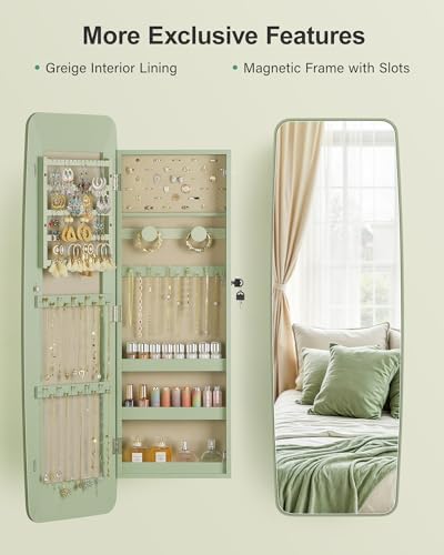 Nicetree Rounded Mirror Jewelry Cabinet, Lockable, Wall Mounted, Green