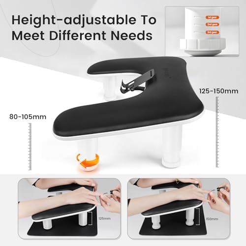 JODSONE U-Shaped Black Manicure Arm Rest for Nails Tech with Rotating 360°Built-In Phone Holder and Adjustable Nail Arm Rest Detachable Manicure Hand Rest for Salon Design (Includes Black Nail Mat)