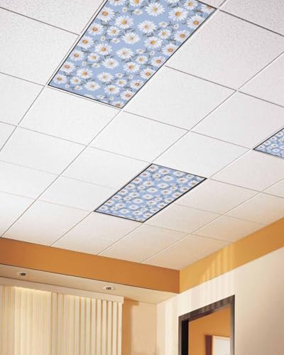 Blue Daisy Floral Magnetic Fluorescent Light Covers for Ceiling Lights 2 x 4 Feet,White Blossom Watercolor Spring Summer Office Classroom Kitchen Drop Ceiling Light Covers Filters Shade Panel 2 Packs