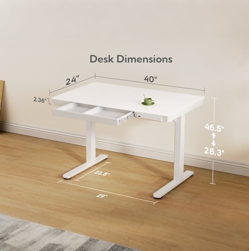 INNOVAR 40" Small Glass Standing Desk with Drawers & USB Ports, Whole-Piece Glass Top Adjustable Height Desks, Quick-Install Electric Sit-Stand Up Desk for Home Office & Computer Workstation, White