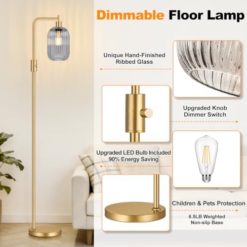 【Upgraded】 Dimmable Floor Lamp for Living Room with Gray Ribbed Glass Lampshade, Gold Modern Floor Lamp with 900LM LED Bulb Included, Arc Standing Tall Lamp for Bedroom, Office, Reading Room, Corner