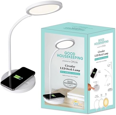 OttLite Good Housekeeping Circular LED Lamp, Wireless Charging, White
