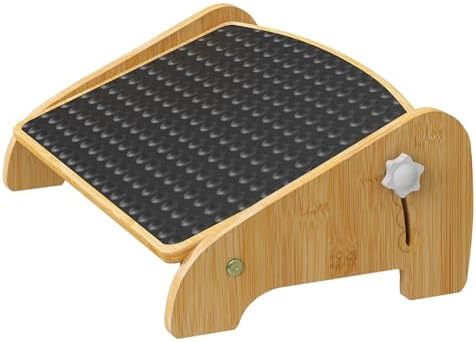 Under Desk Footrest, Foot Rest Under Desk with Side Rotating Button, 4 Adjustable Heights Wooden Office Footrest, Large Anti-Slip Surface, Wide Seat with Soft Bumps, Fit for Office, Living Room